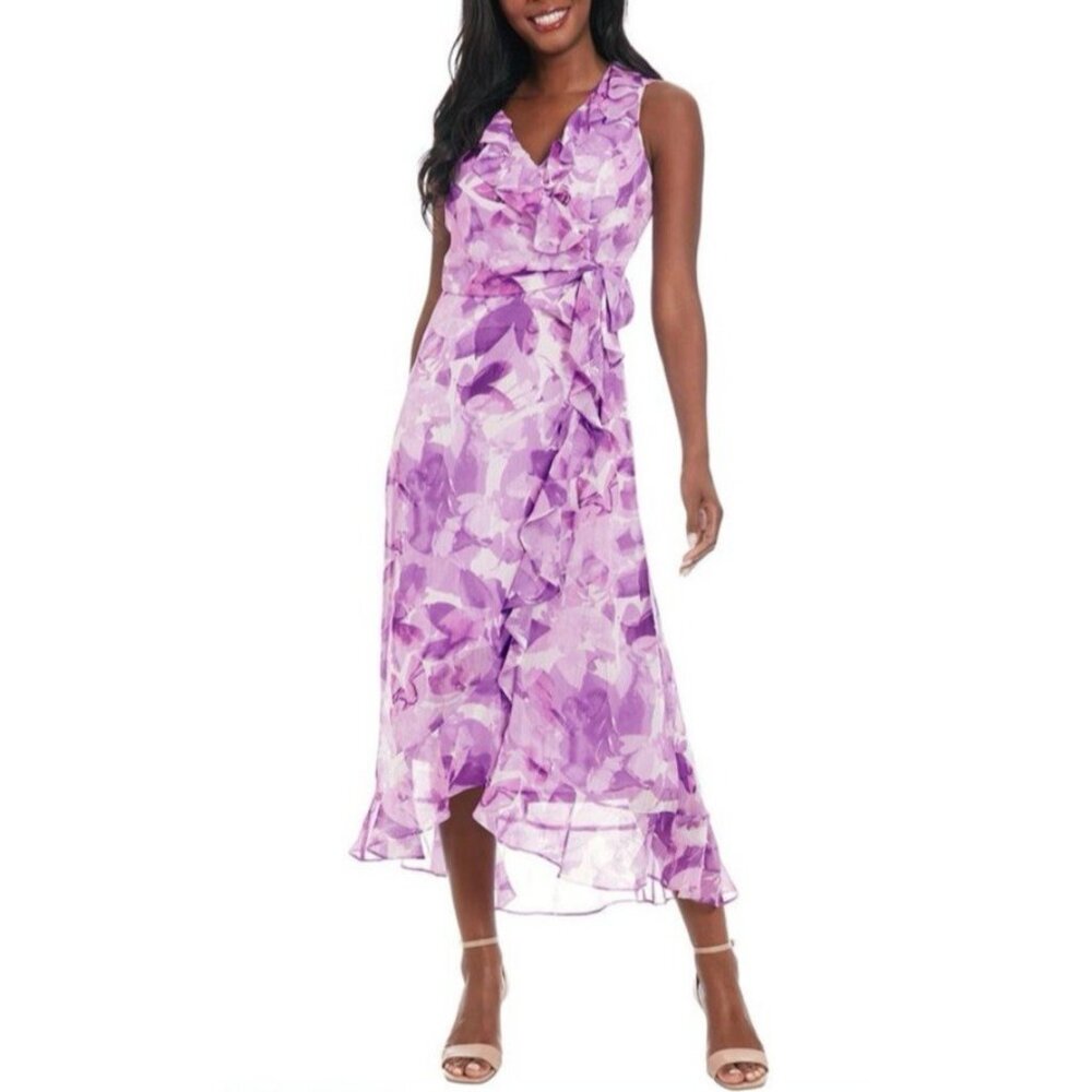 London Times Lavender Floral Print Midi Dress